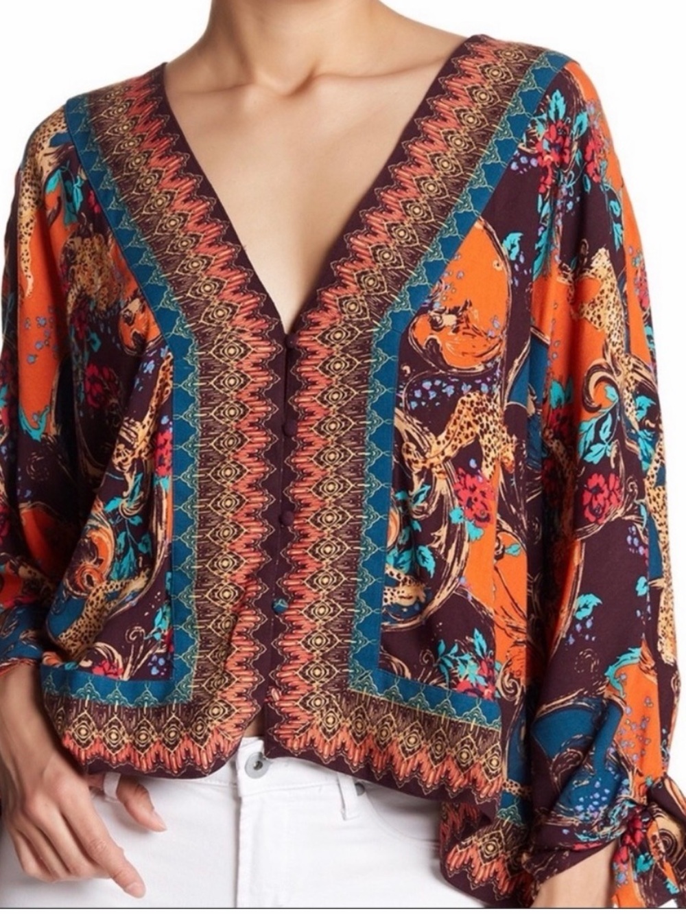 Free People Boho V-Neck Tunic in Orange, Teal & Brown